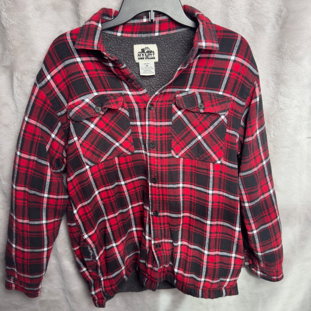 Old Mill Flannel Jacket Mens M Red Plaid Sherpa Lined Cabincore Gorpcore Utility